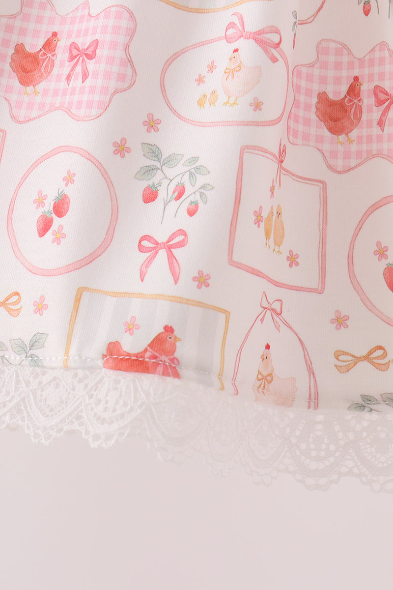 Pink Chicken Embroidery Dress