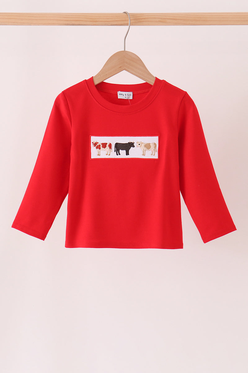 Boys Red Cow Long Sleeve Embroidery Top