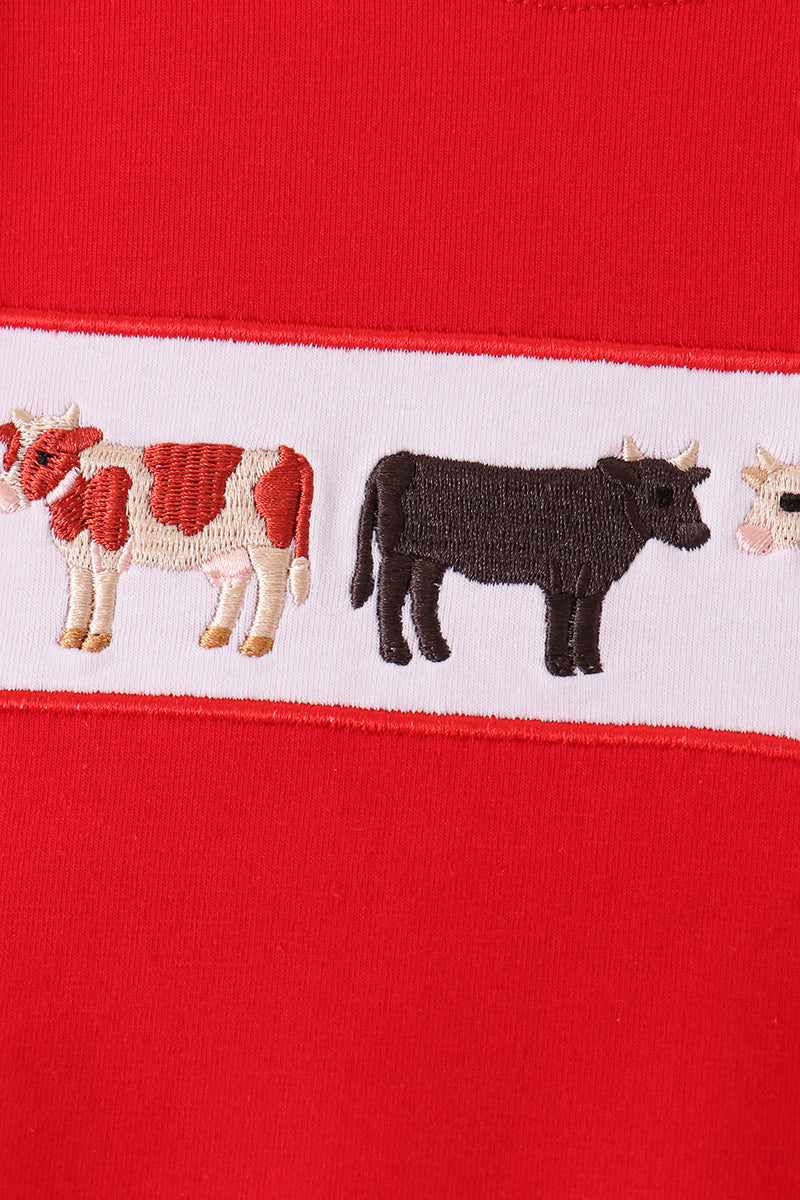 Boys Red Cow Long Sleeve Embroidery Top