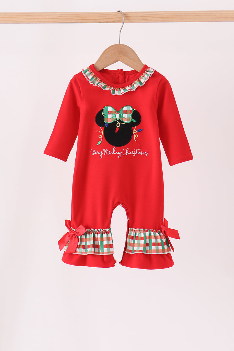Baby Girl Long Sleeve Red Christmas Character Applique Ruffle Romper