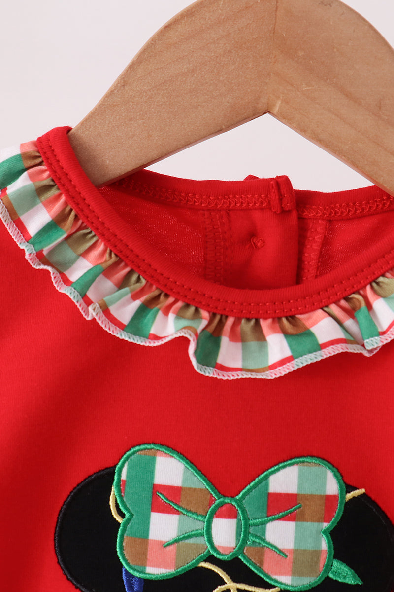 Baby Girl Long Sleeve Red Christmas Character Applique Ruffle Romper