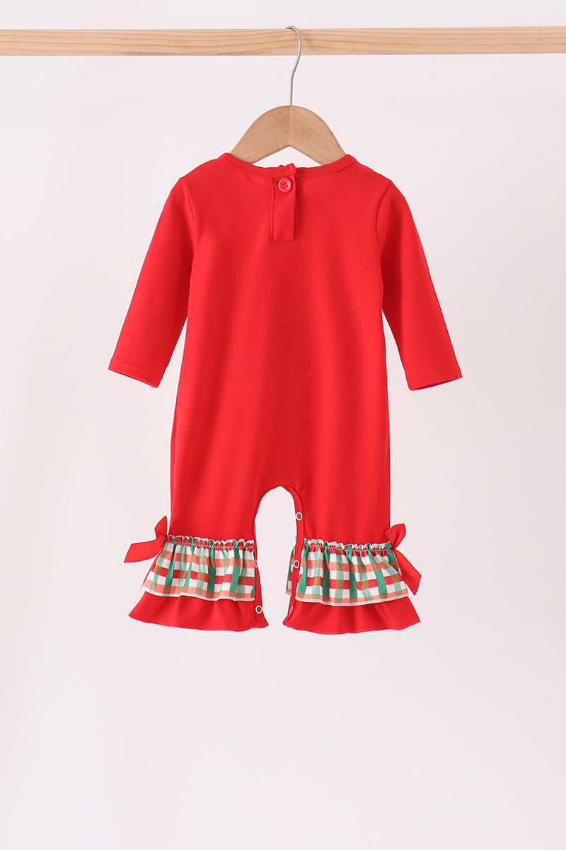 Baby Girl Long Sleeve Red Christmas Character Applique Ruffle Romper