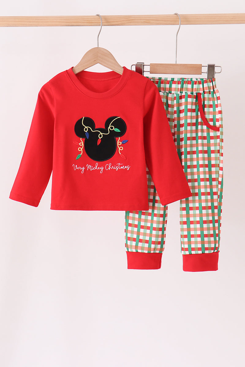 Boys Red Christmas Character Applique Gingham Pants Set