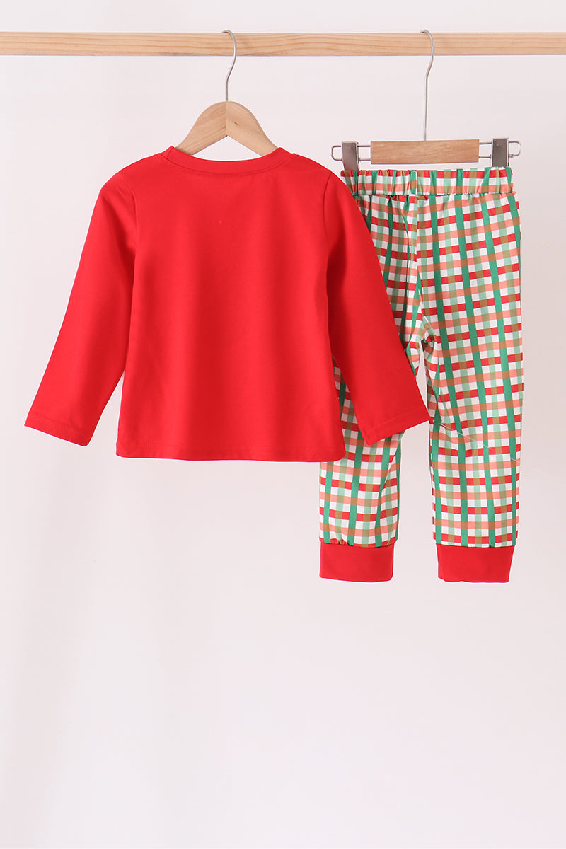Boys Red Christmas Character Applique Gingham Pants Set