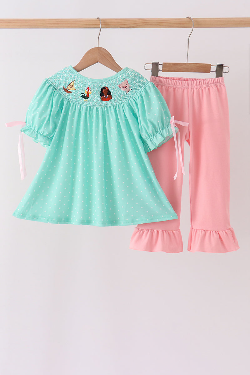 Green Character Moana Smocked Ruffle Pants Set
