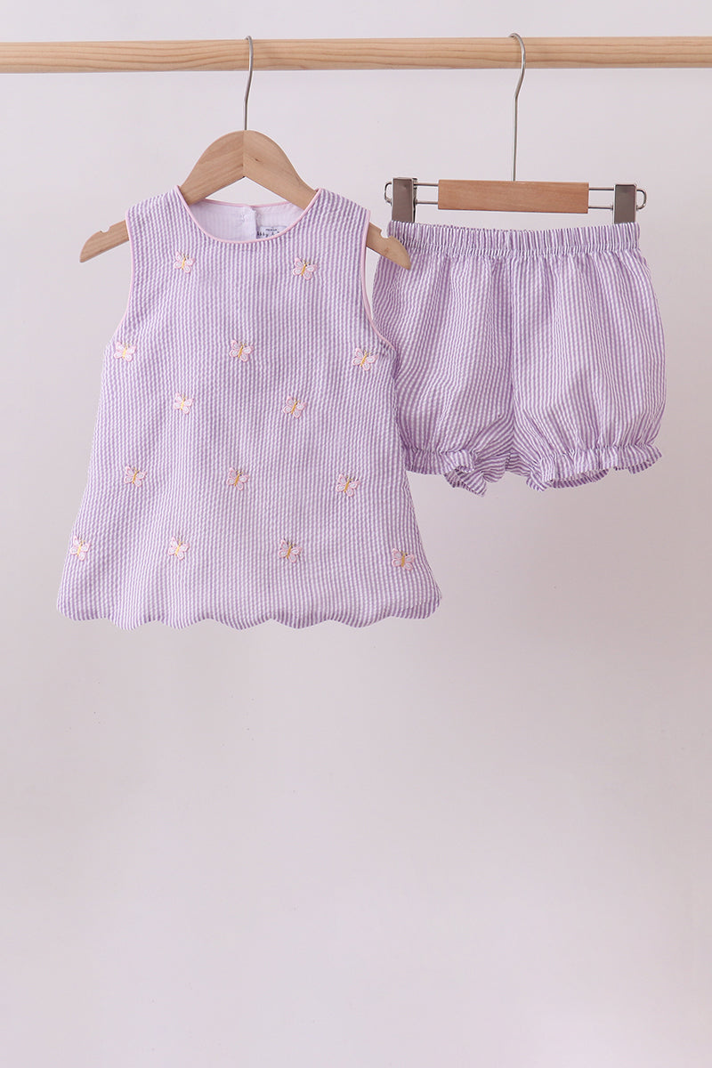 Purple Seersucker Butterfly Embroidery Shorts Set