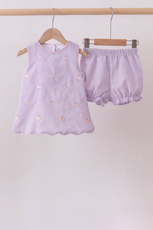 Purple Seersucker Butterfly Embroidery Shorts Set