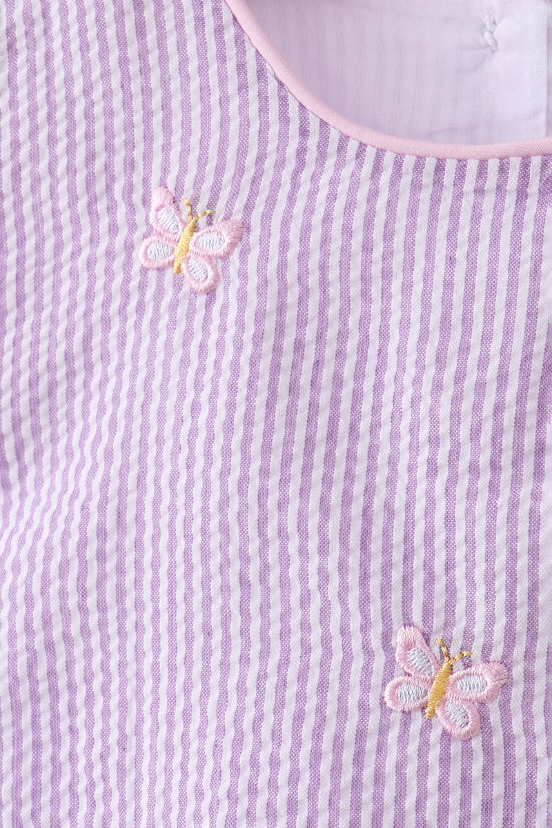 Purple Seersucker Butterfly Embroidery Shorts Set