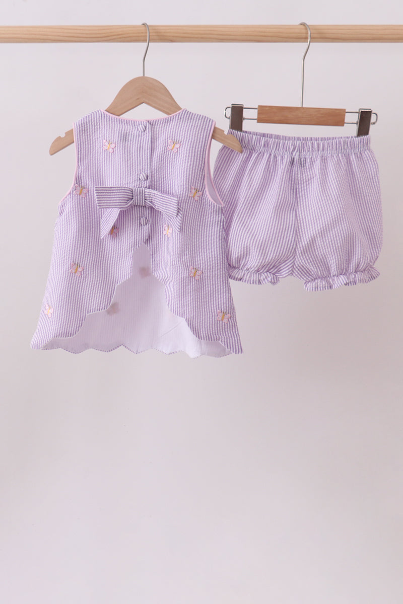 Purple Seersucker Butterfly Embroidery Shorts Set