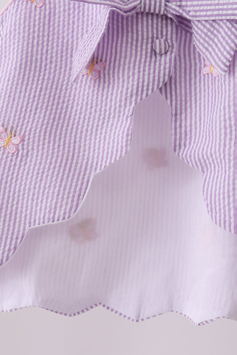 Purple Seersucker Butterfly Embroidery Shorts Set