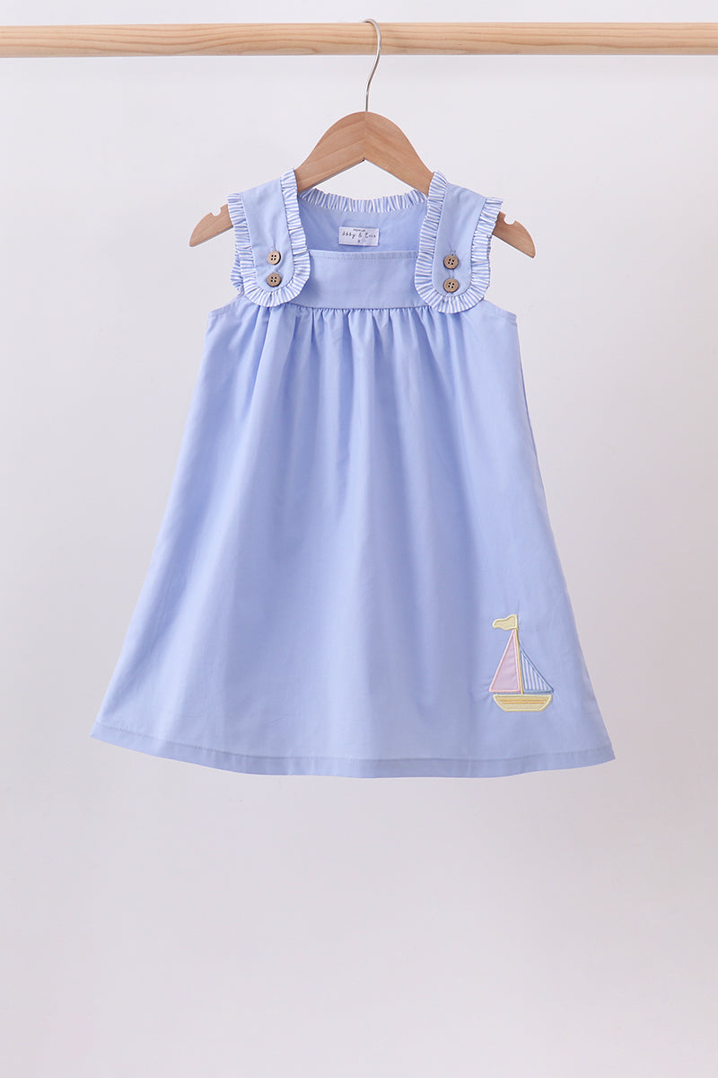 Girls Blue Sailboat Embroidered Dress