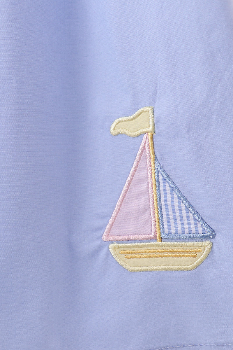 Girls Blue Sailboat Embroidered Dress