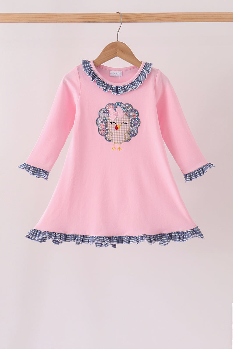 Pink Turkey Applique Ruffle Dress