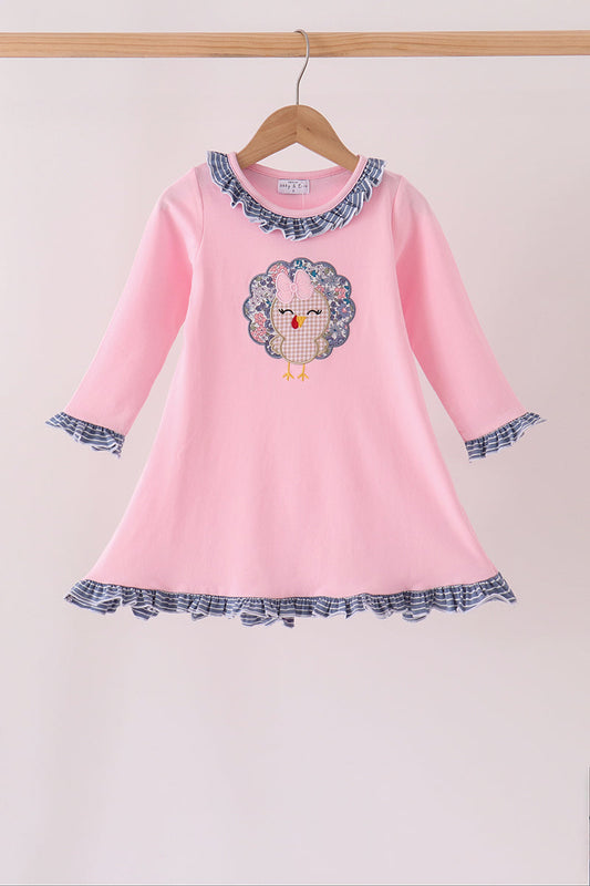 Pink Turkey Applique Ruffle Dress