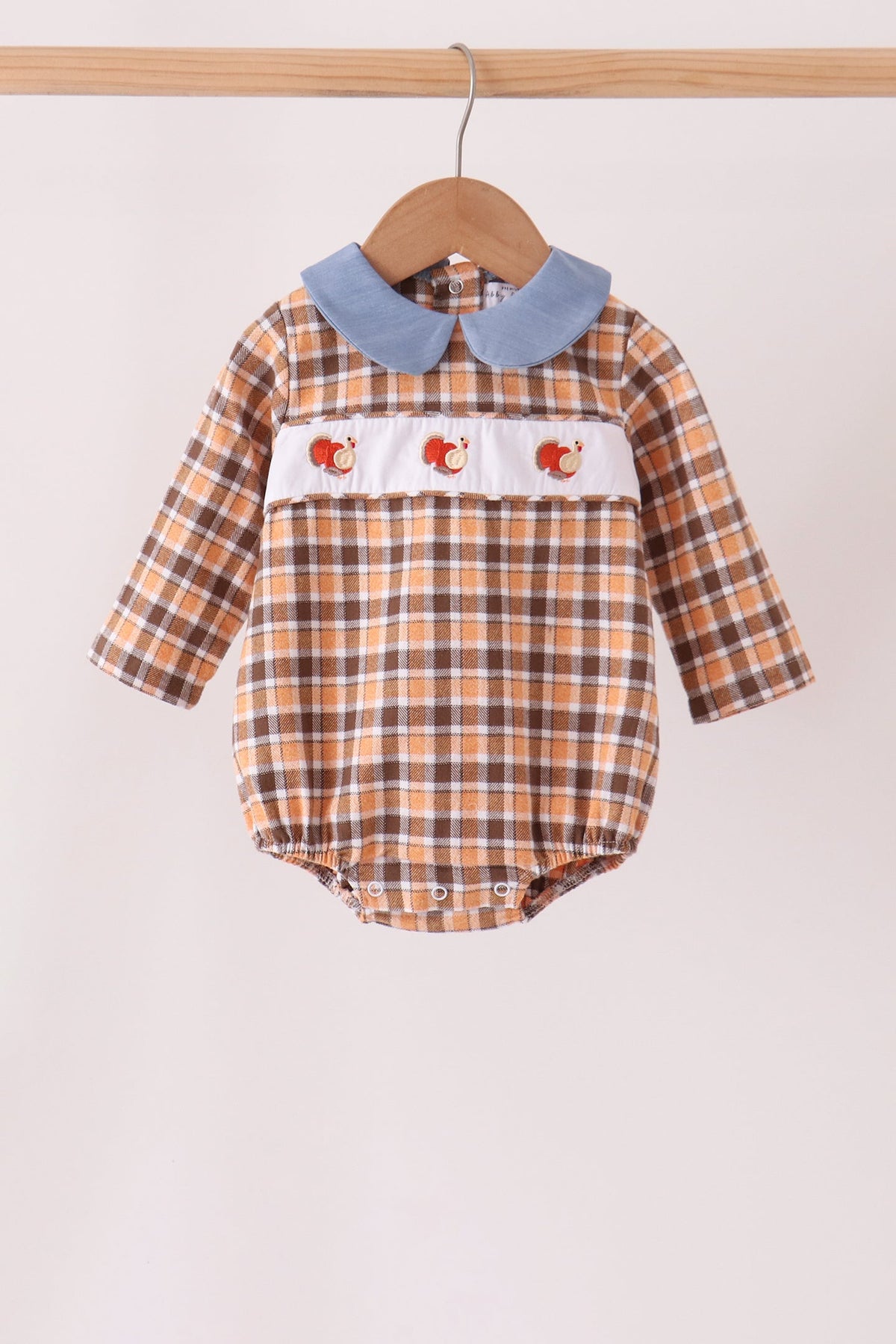 Baby Boy Collared Turkey Embroidery Plaid Bubble