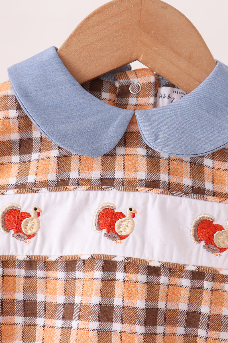 Baby Boy Collared Turkey Embroidery Plaid Bubble