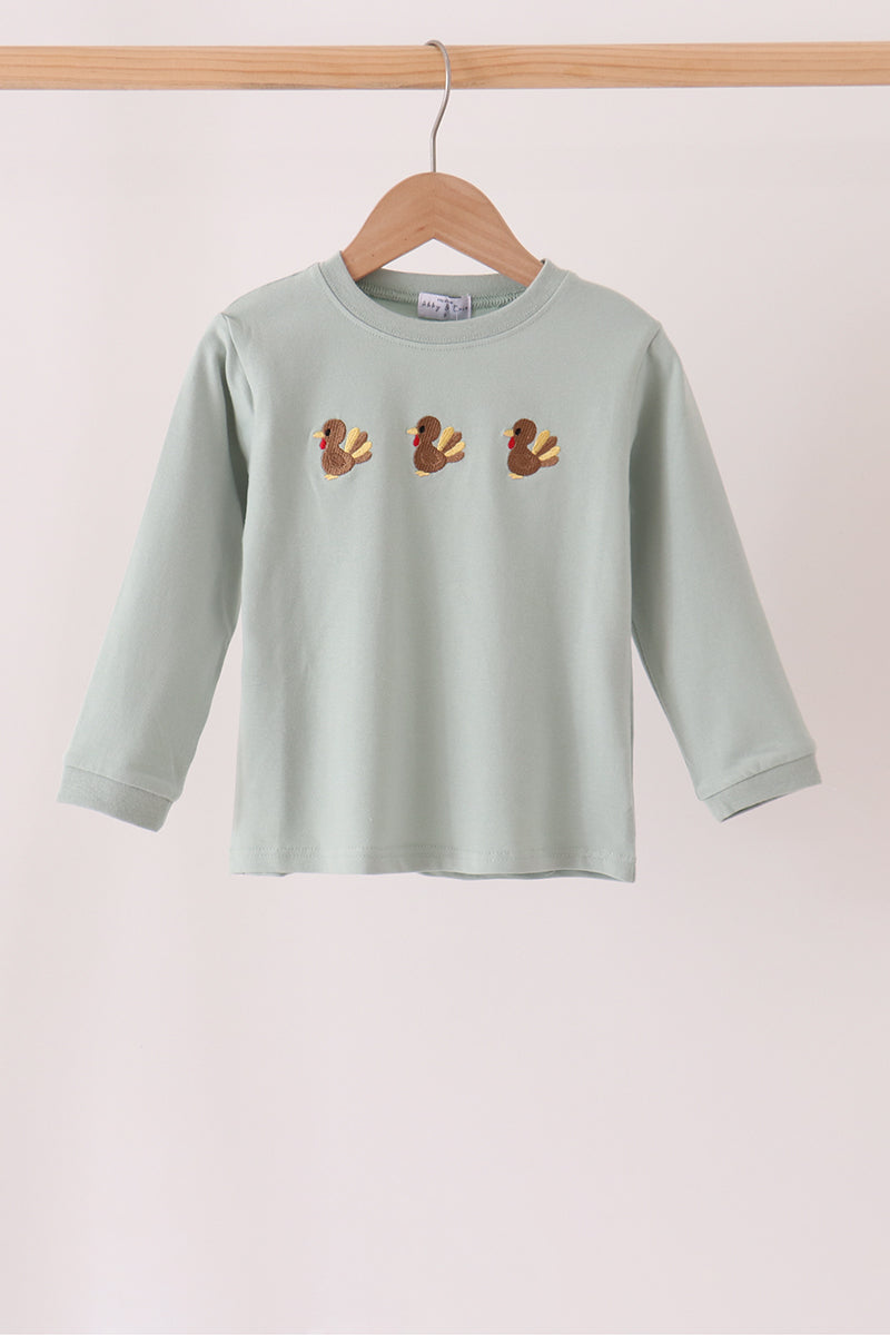 Boys Long Sleeve Green Turkey Embroidery Top