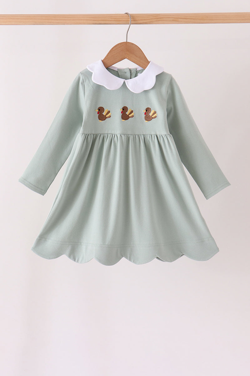 Green Turkey Embroidery Scalloped Dress