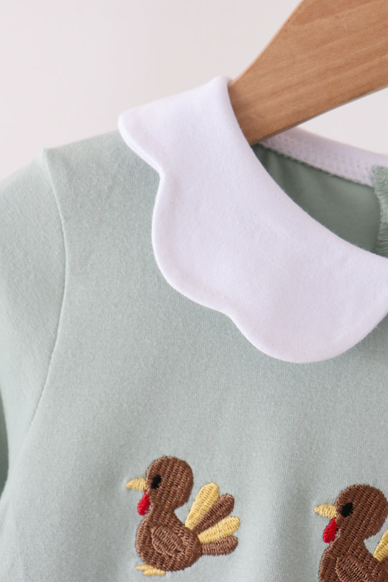 Green Turkey Embroidery Scalloped Dress