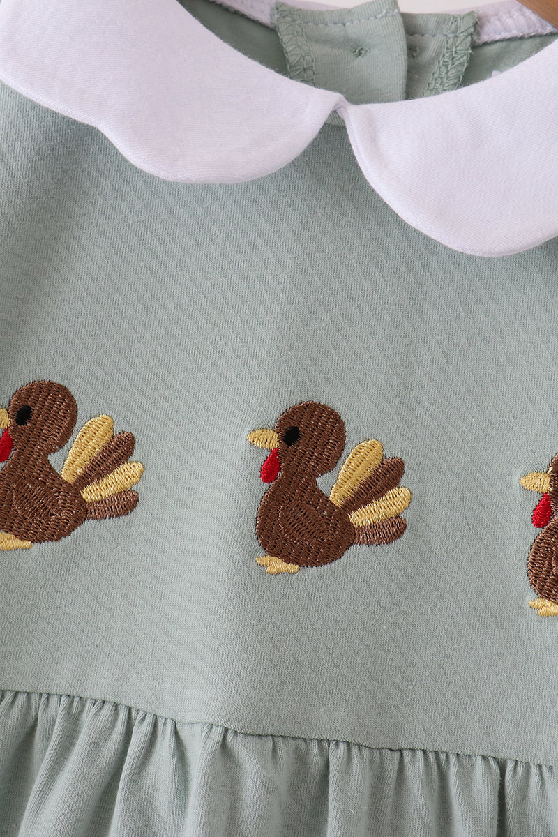Green Turkey Embroidery Scalloped Dress