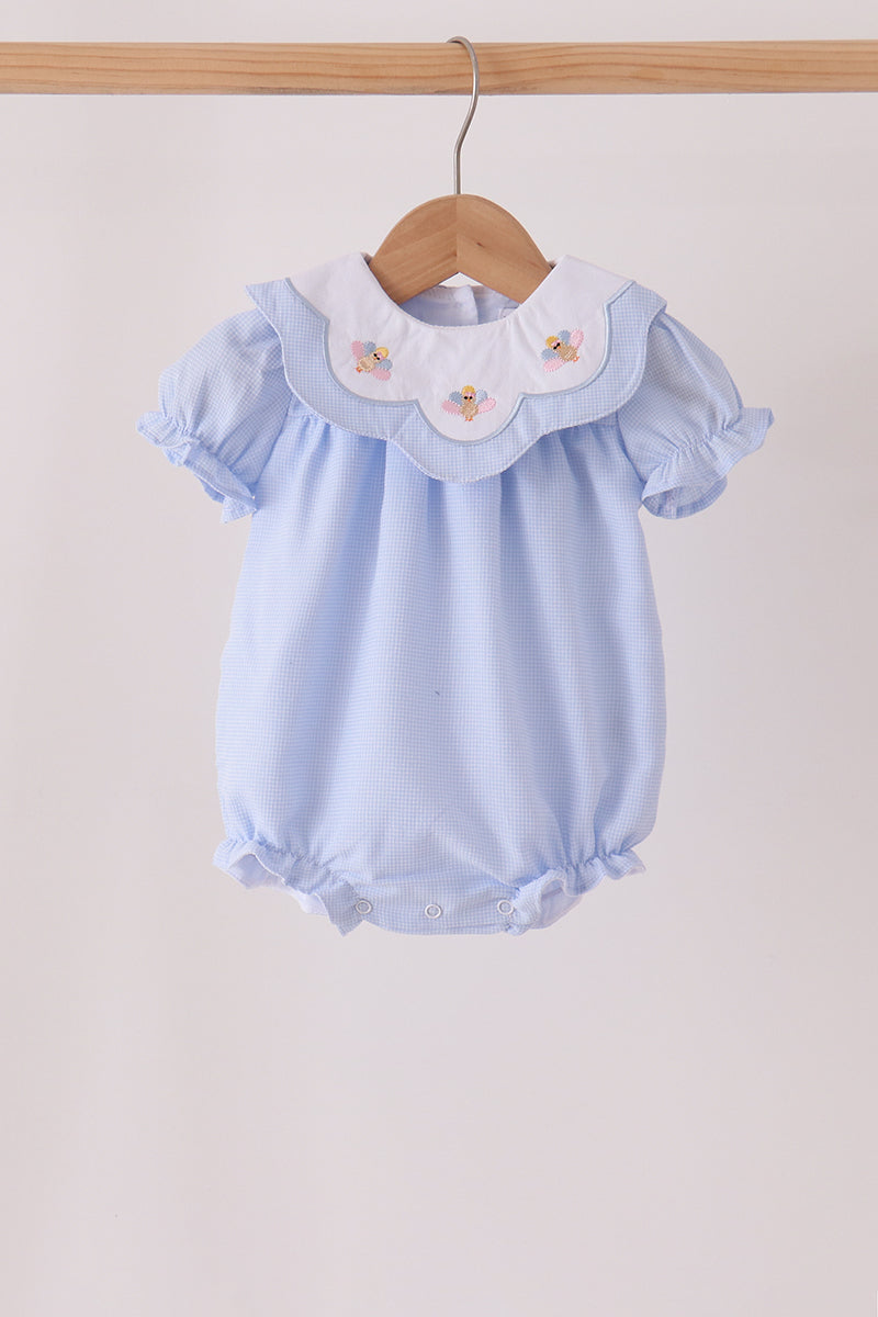 Blue Turkey Embroidery Checkered Collared Ruffle Bubble