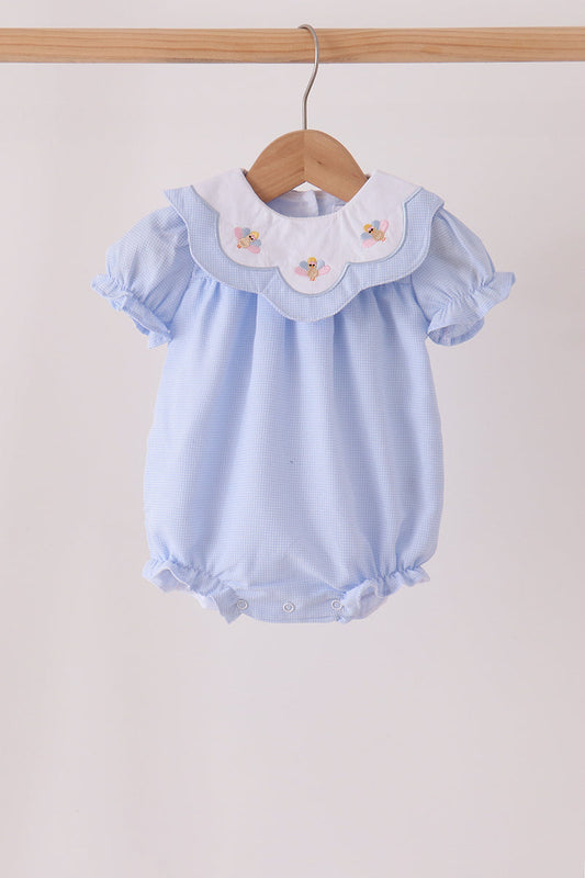 Blue Turkey Embroidery Checkered Collared Ruffle Bubble