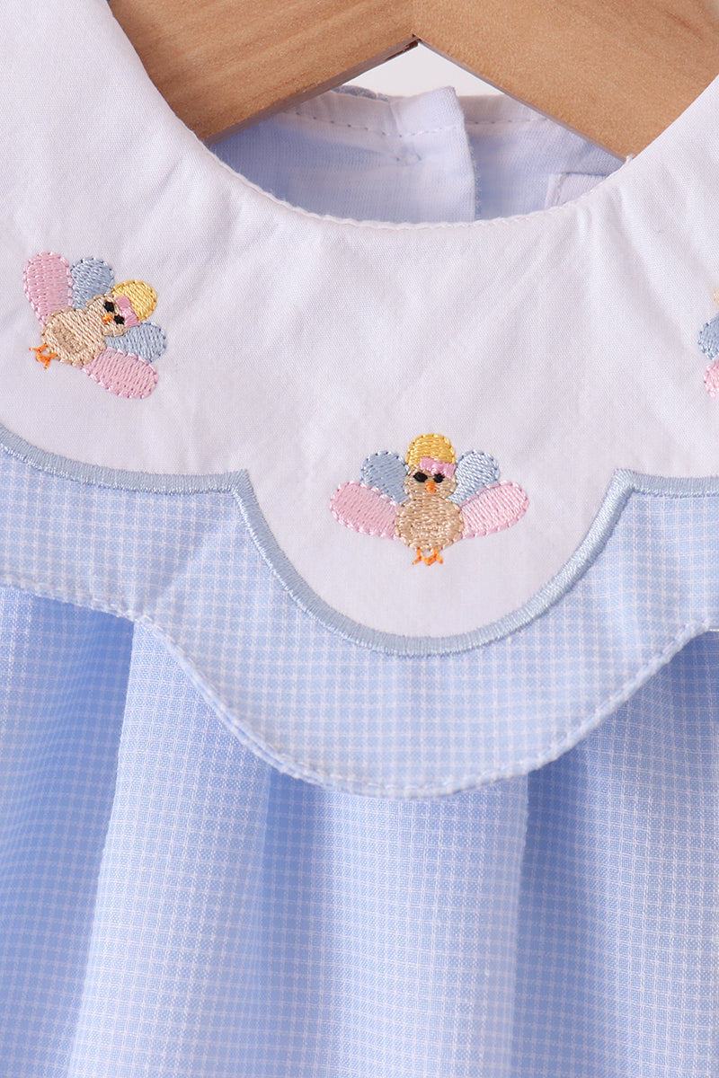 Blue Turkey Embroidery Checkered Collared Ruffle Bubble