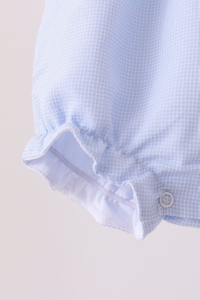 Blue Turkey Embroidery Checkered Collared Ruffle Bubble