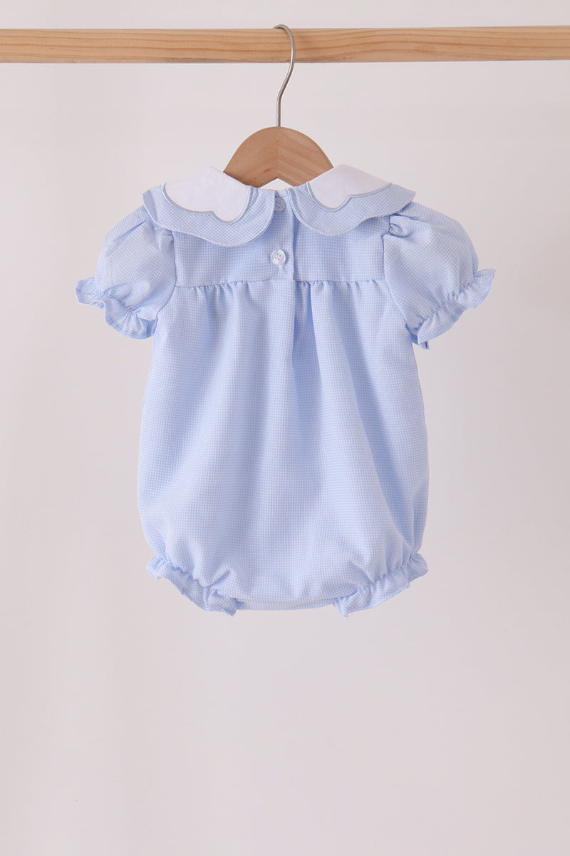 Blue Turkey Embroidery Checkered Collared Ruffle Bubble
