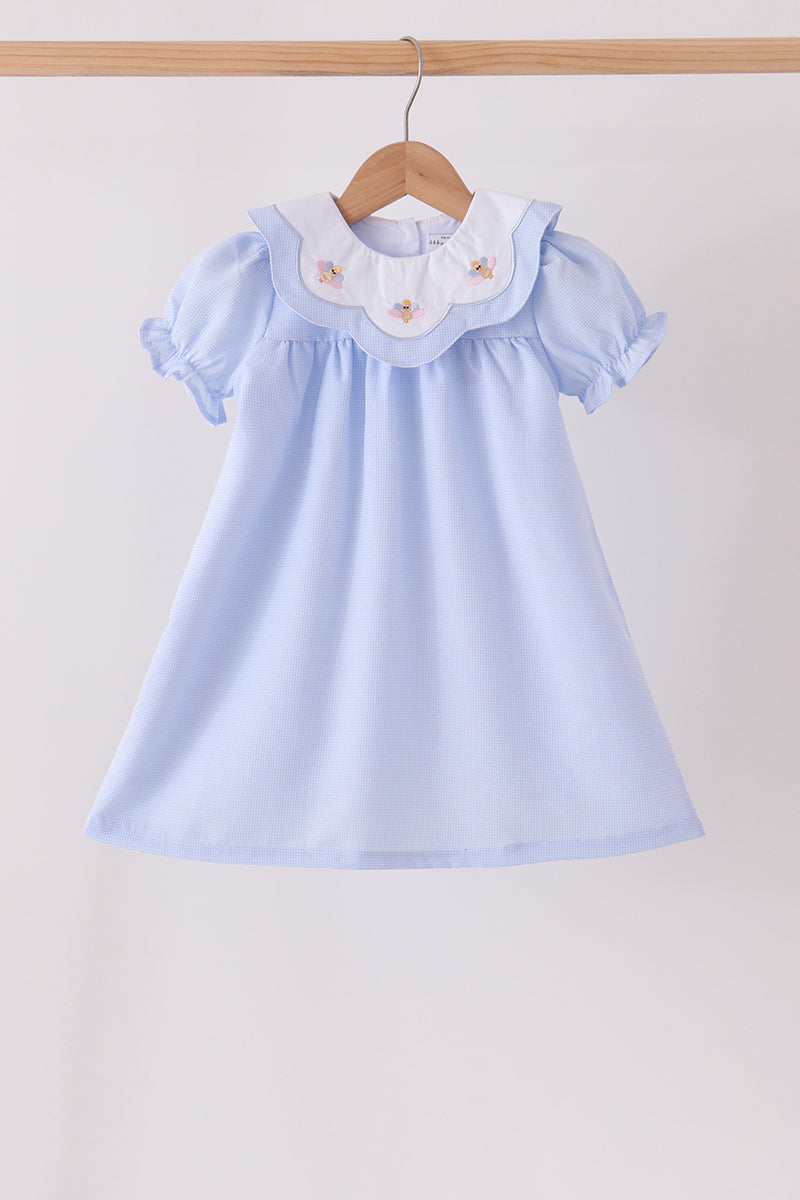 Blue Turkey Embroidered Checkered Dress