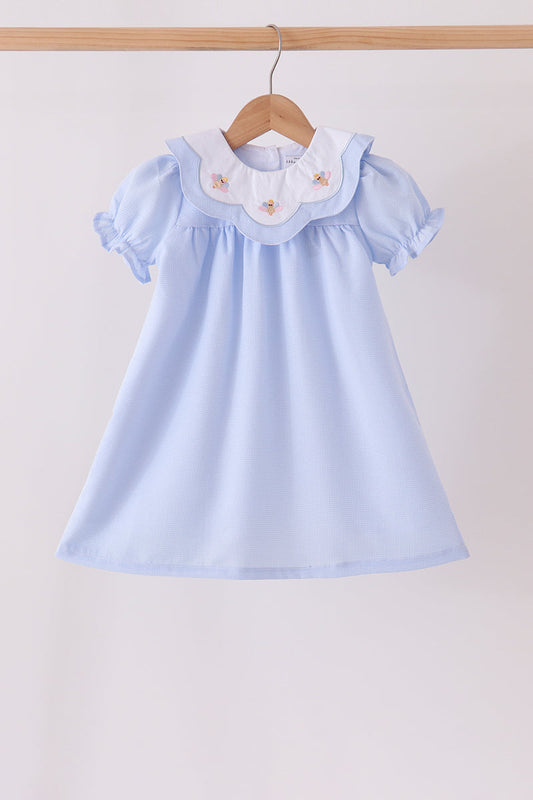 Blue Turkey Embroidered Checkered Dress