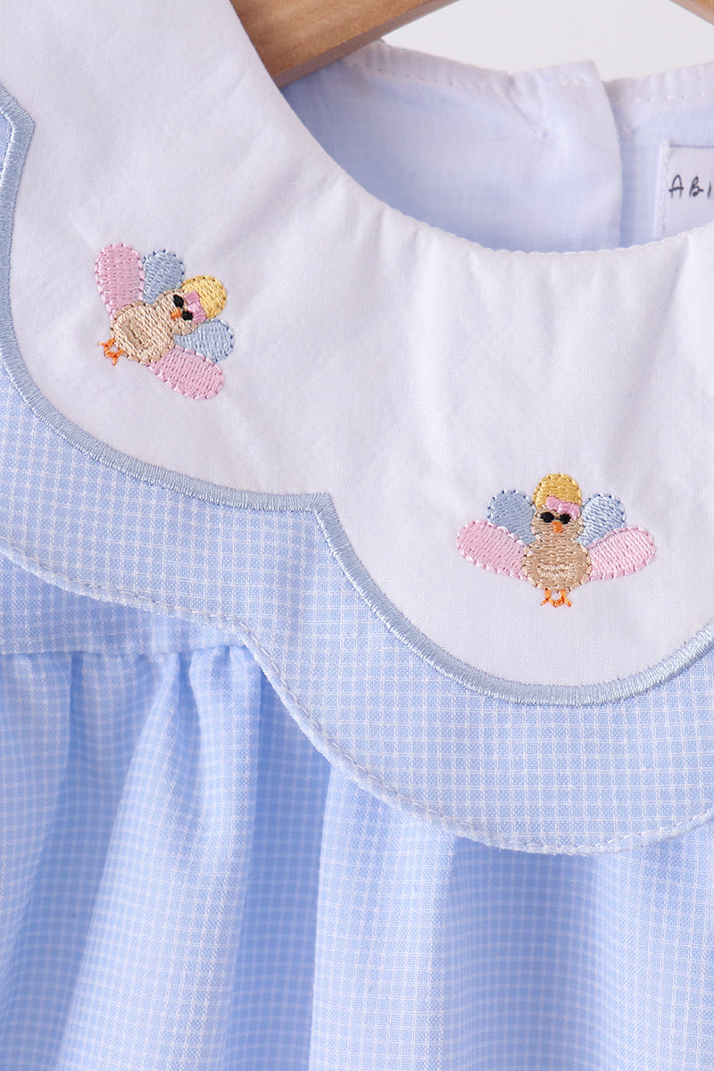 Blue Turkey Embroidered Checkered Dress