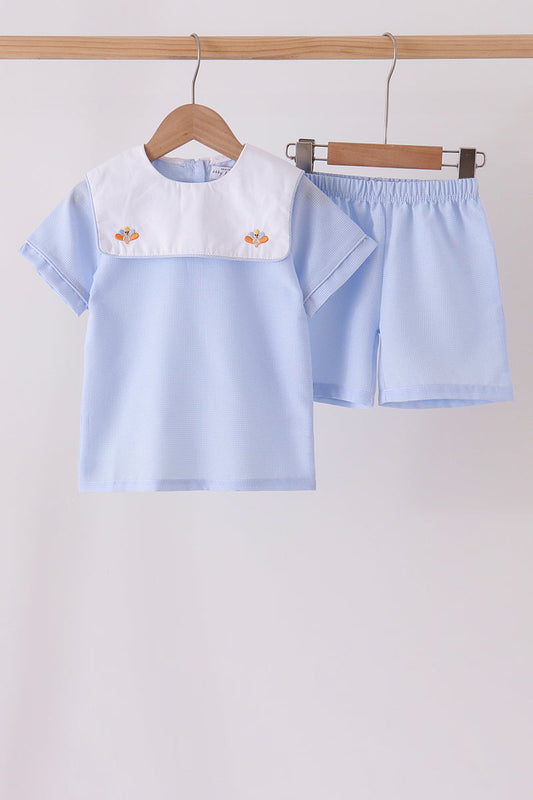 Boys Blue Turkey Embroidery Shorts Set