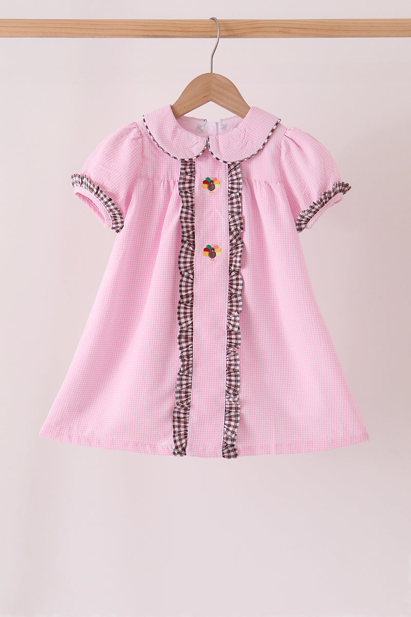 Girls Pink Turkey Embroidery Ruffle Gingham Dress