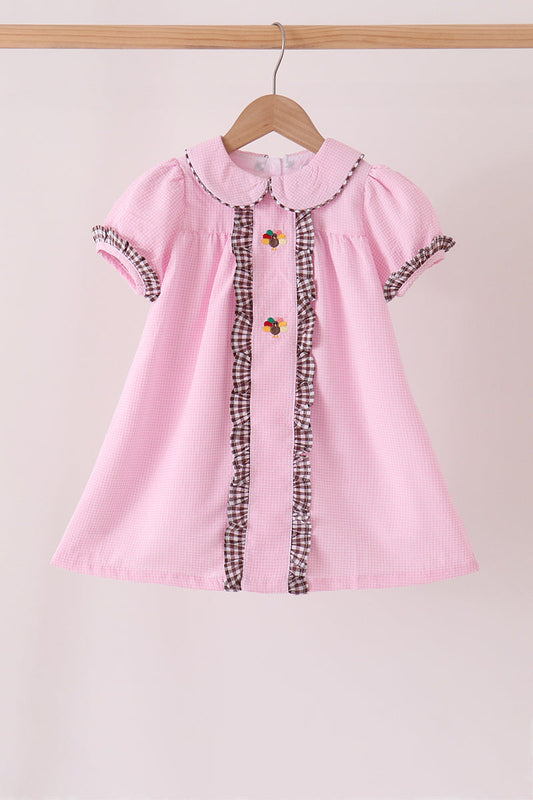 Girls Pink Turkey Embroidery Ruffle Gingham Dress