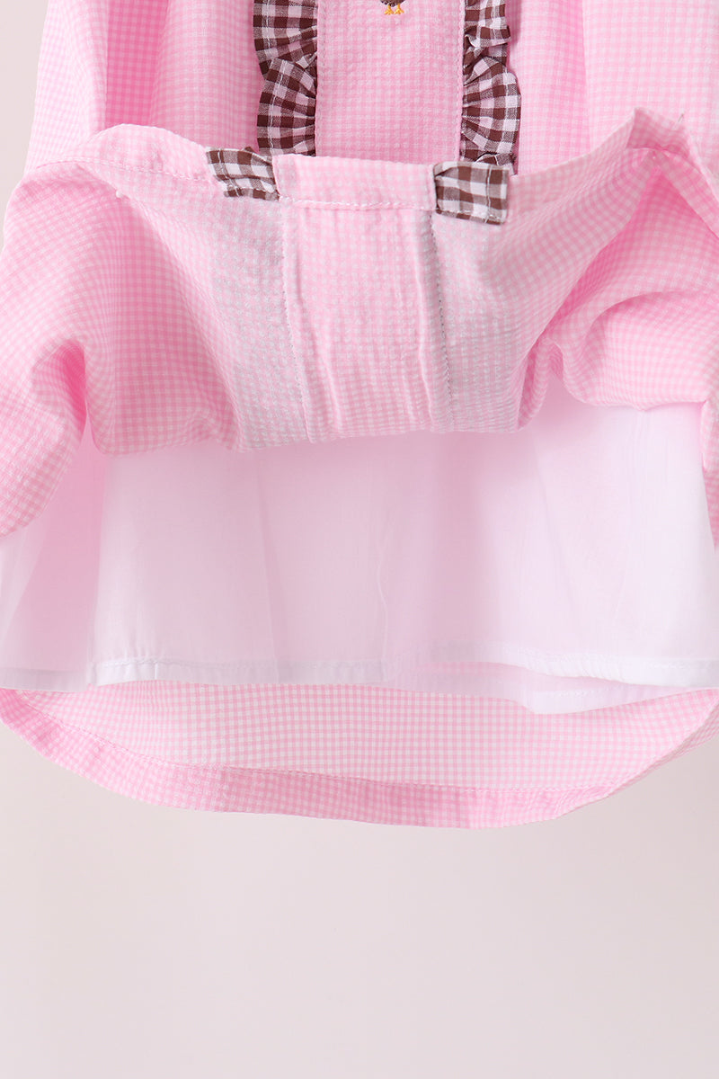 Girls Pink Turkey Embroidery Ruffle Gingham Dress