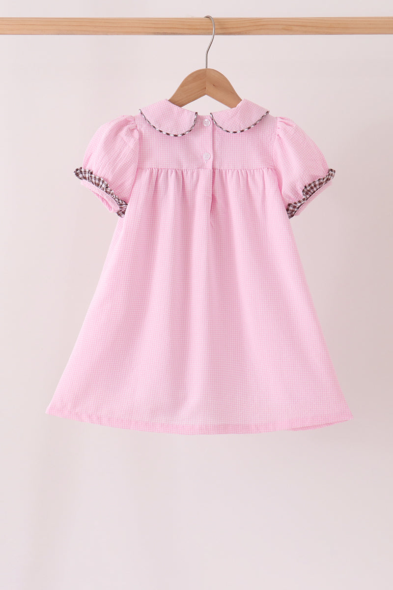 Girls Pink Turkey Embroidery Ruffle Gingham Dress