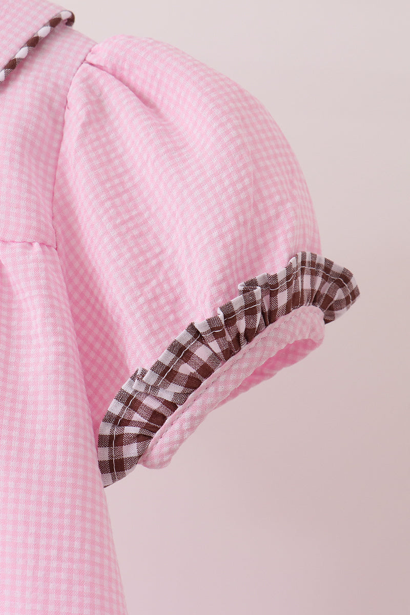 Girls Pink Turkey Embroidery Ruffle Gingham Dress