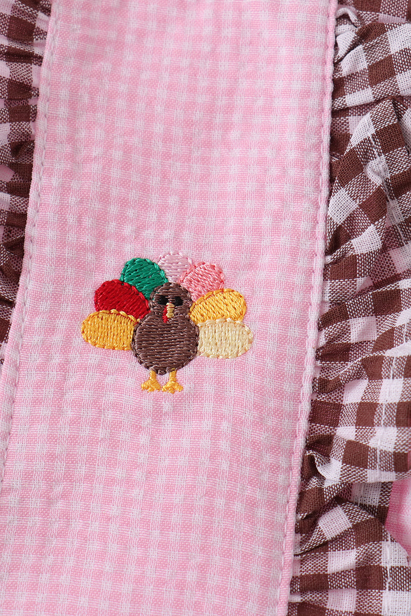 Girls Pink Turkey Embroidery Ruffle Gingham Dress