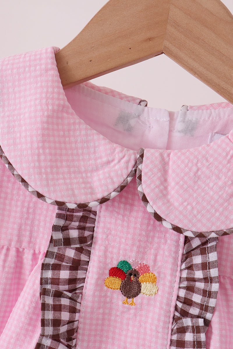 Girls Pink Turkey Embroidery Ruffle Gingham Dress
