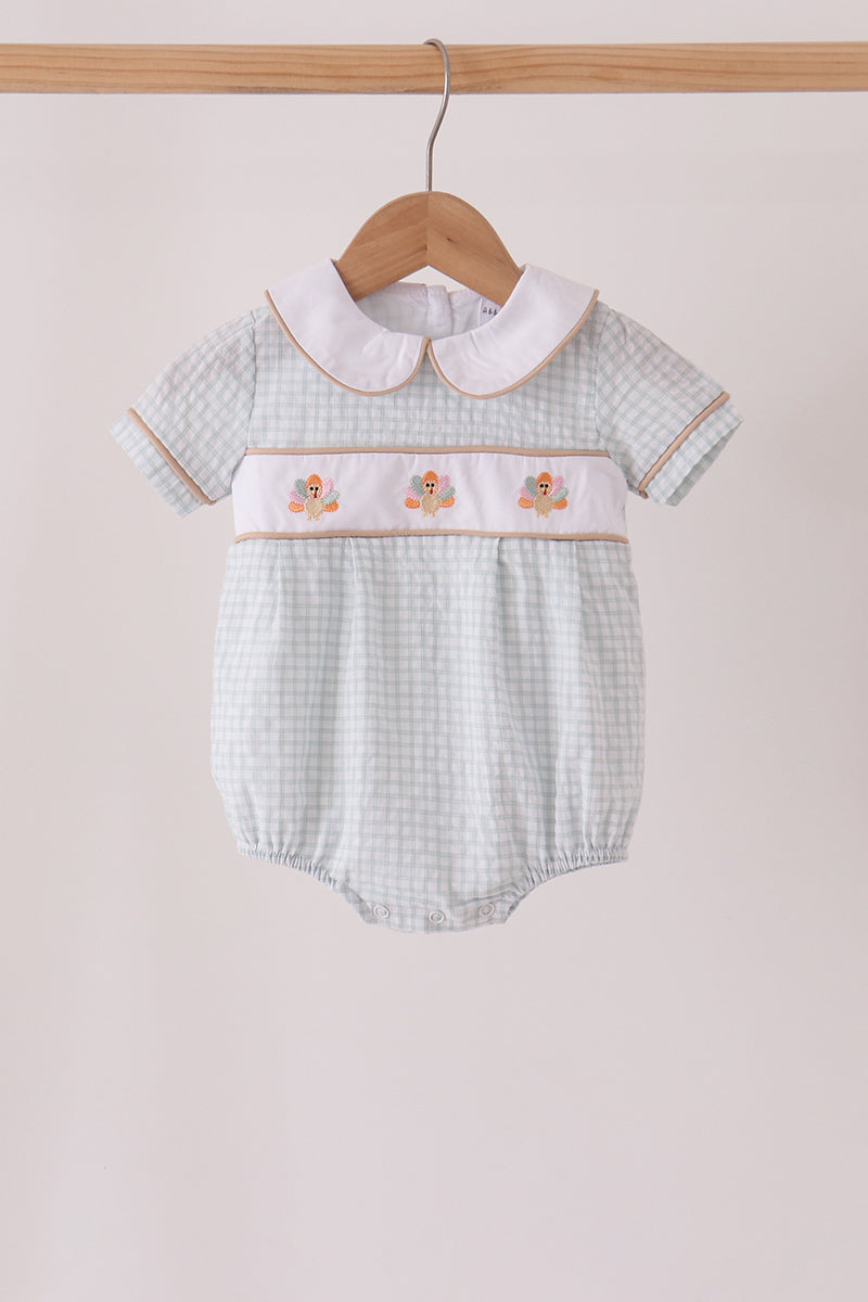 Baby Boy Green Plaid Turkey Embroidery Bubble