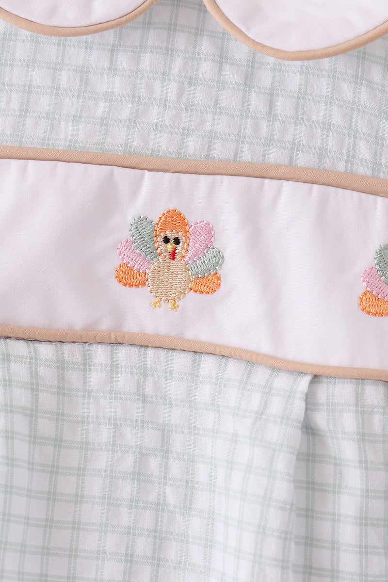Baby Boy Green Plaid Turkey Embroidery Bubble