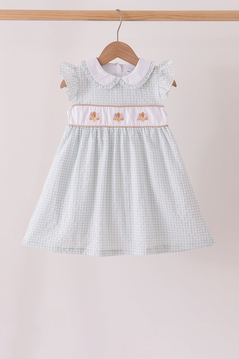 Girls Green Plaid Turkey Embroidery Ruffle Dress