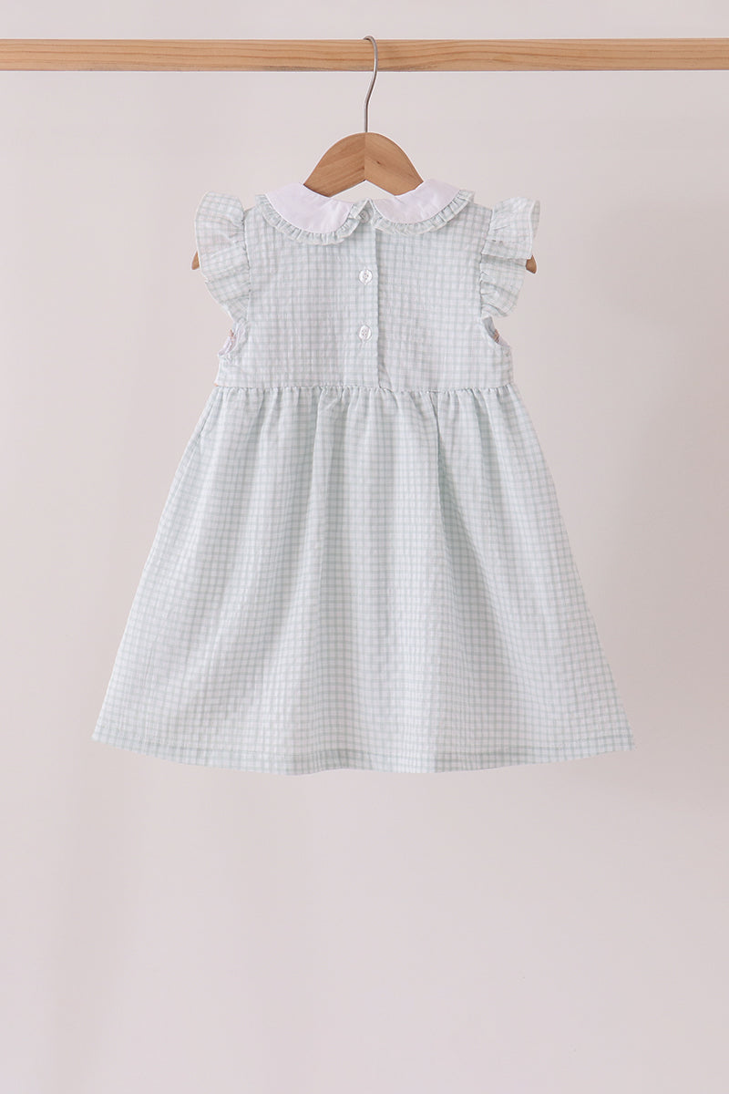 Girls Green Plaid Turkey Embroidery Ruffle Dress