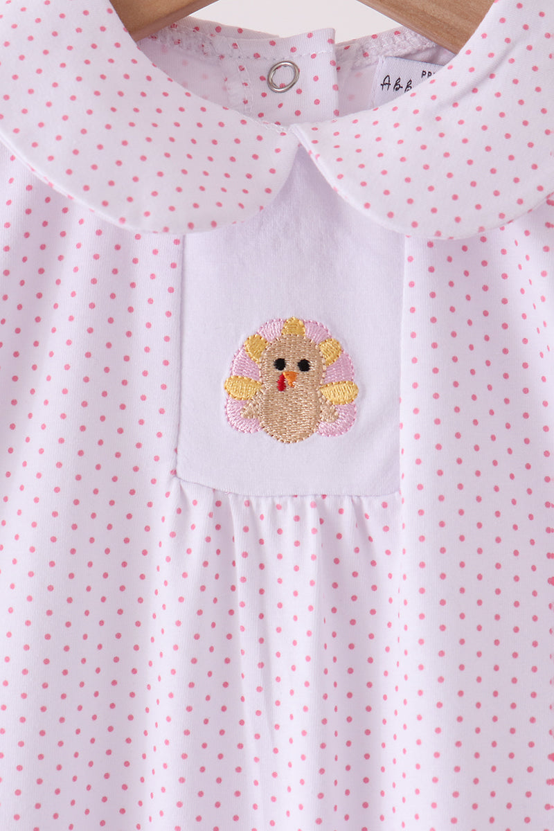 Pink Dot Turkey Embroidery Ruffle Romper