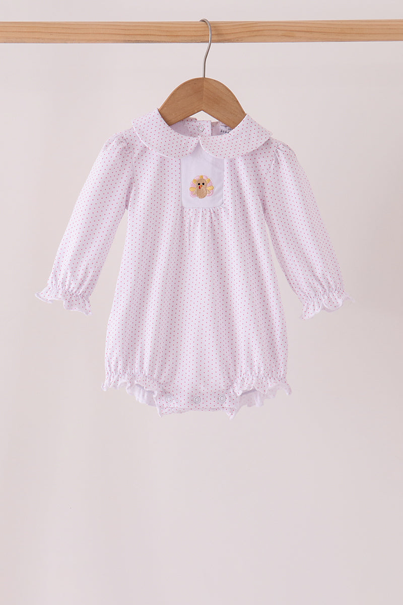 Baby Girl Pink Dot Turkey Embroidery Ruffle Bubble