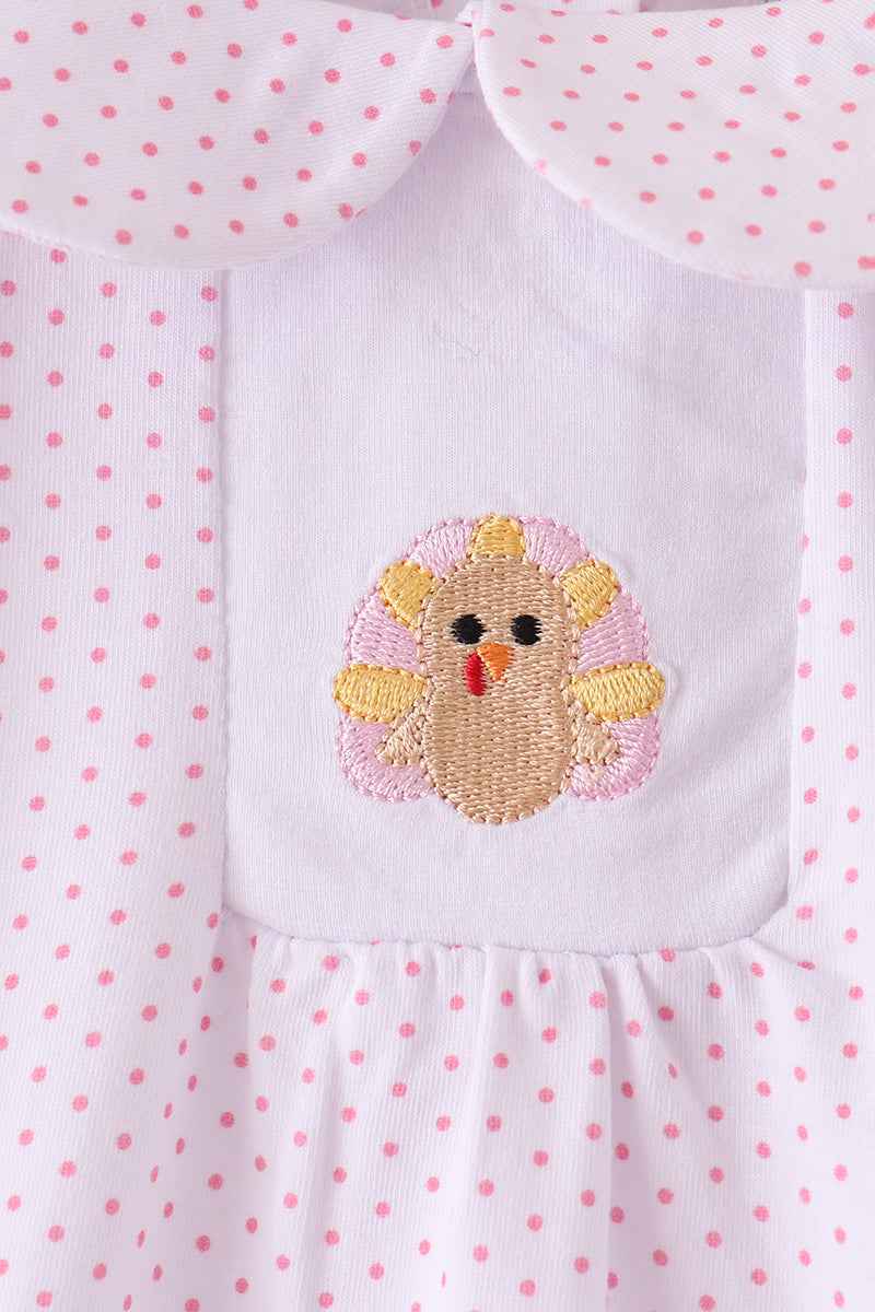 Baby Girl Pink Dot Turkey Embroidery Ruffle Bubble