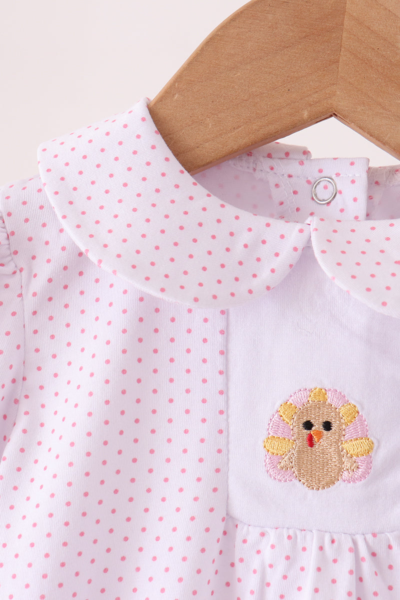 Baby Girl Pink Dot Turkey Embroidery Ruffle Bubble