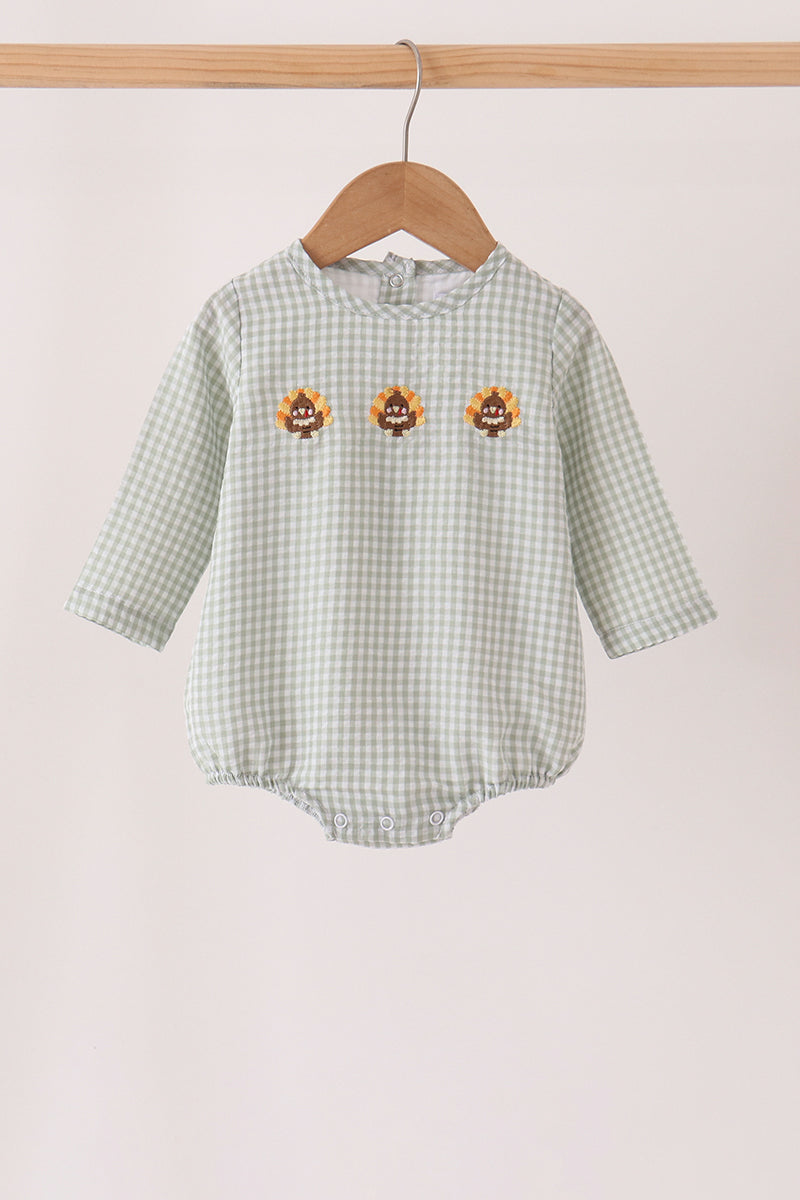 Boys Sage Turkey Embroidery Gingham Bubble