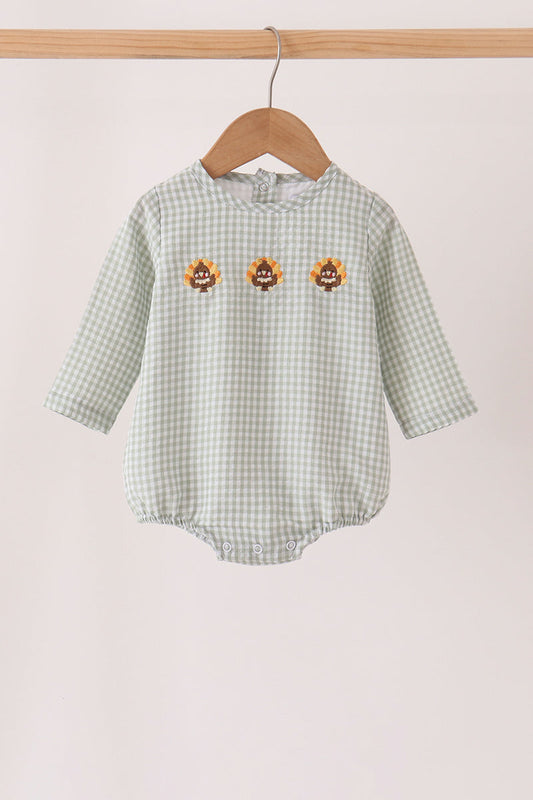 Boys Sage Turkey Embroidery Gingham Bubble